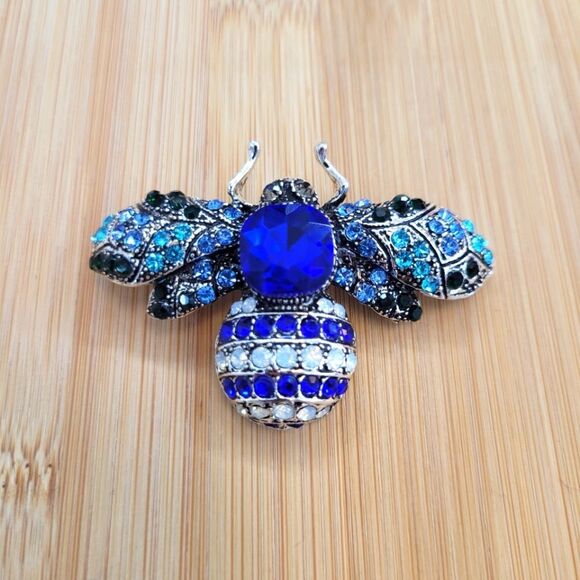 Brand New 2 In 1 Blue Bumblebee Silver Tone Rhinestone Brooch Pin & Pendant - Picture 1 of 6